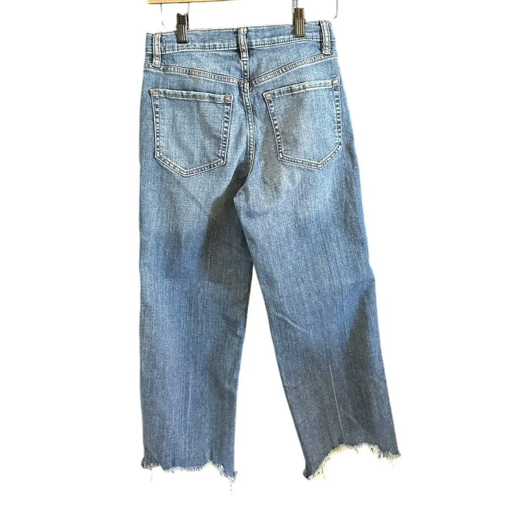 Cropped Wide Leg Jeans Womens 27 Raw Hem Distressed Medium Wash Trendy Deni